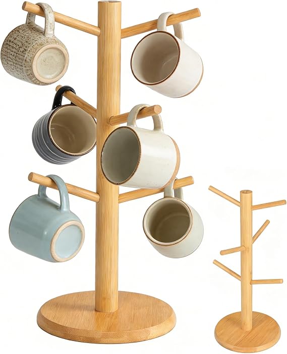 Coffee Mug Holder, Cup Holder for Counter, Black Bamboo Mug Tree with Thicker Base, Coffee Cup Stand, Coffee Mug Rack Organizer with 6 Hooks (Bamboo Color)