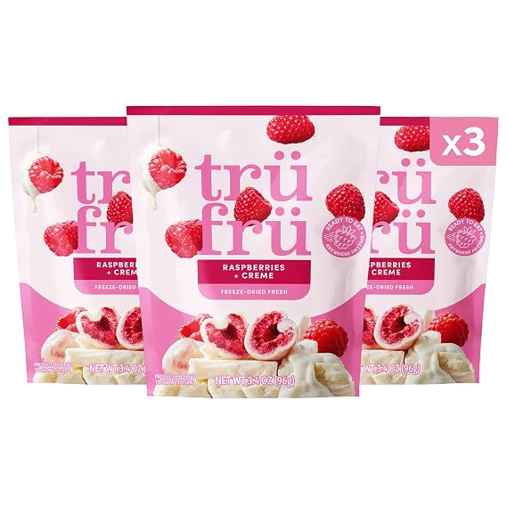 Tru Fru Freeze Dried Raspberries & Creme, Chocolate Covered Fruit, Freeze Dried Fruit and Gluten Free Candy, Non-GMO & Kosher Sweet Treat, Perfect for Travel & On the Go (3.4oz) 3 Pack