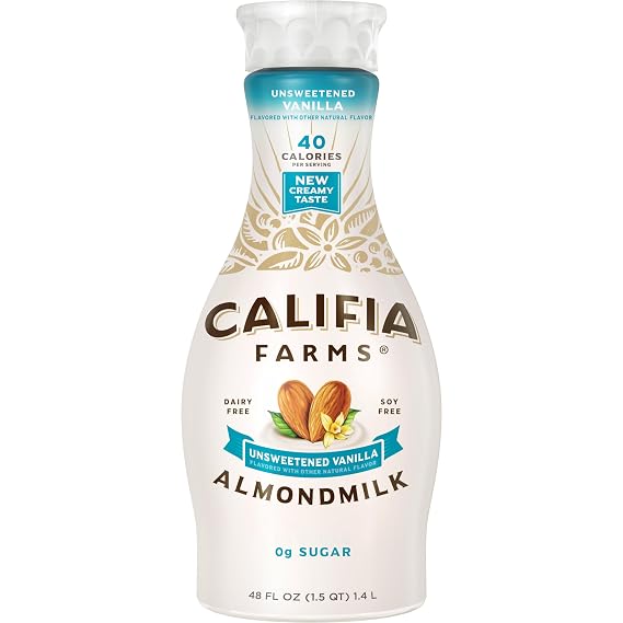 Califia Farms - Unsweetened Vanilla Almond Milk, 48 Oz, Dairy Free, Vegan, Plant Based, Keto, Gluten Free, Non GMO, Sugar Free, High Calcium, Smoothie
