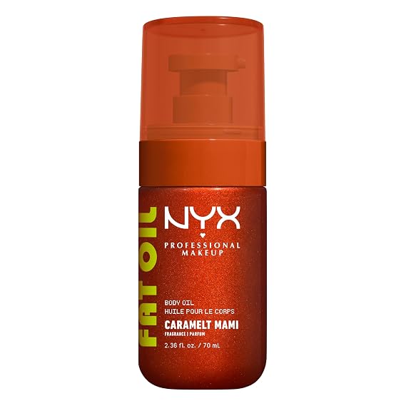 NYX PROFESSIONAL MAKEUP Fat Oil Body Oil in Caramelt Mami, Caramel Scented Body Glow Moisturizer With Vitamin E for 24HR Hydration and Glowing Skin, Bronzed Finish, Vegan & Cruelty-Free