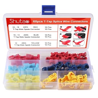 60 Pcs T-Tap Wire Connectors, T-Tap Wire Terminals Self-Stripping Quick Splice Electrical Wire Terminals, Insulated Male Quick Disconnect Spade Terminals Assortment Kit