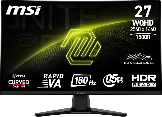 msi MAG 274CQF 27-inch 2560 x 1440 (QHD) Curved Monitor, 180Hz, AMD Adaptive Sync, HDMI, DisplayPort, VGA Port, VESA, Tilt, Speaker, 0.5ms, Black