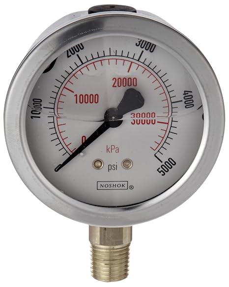 Pressure Gauge, 2.5 304SS Case, Copper Alloy Internals, 300 psikPa, 14 NPT Male Back Conn, Glycerin Filled