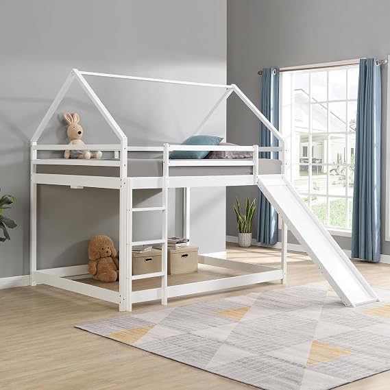 Full Size Loft Bed with Slide, Space Saving House Bunk Beds for Kids Bedroom Furniture, Pine Wood Bed Frame with 12.4" High Safety Guardrail & Ladder, No Box Spring Needed, Teens, Girls, Boys, White