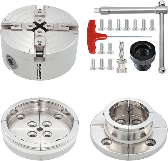 4 Inch Wood Lathe Chuck Set 1" x 8 tpi Thread & 3/4" x16TPI Adapter, Nickel Plated Self Centering 4 Jaw Wood Turning Chuck Set (2PCS Jaws)