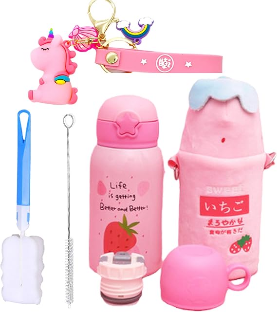 Pink Strawberry Water Bottle with 3D Sof Holder Bag Strap Cartoon Cute Stainless Steel Drinkings Cup Vacuum Cup Drinkware Birthday Gift (pink strawberry, 500ml)