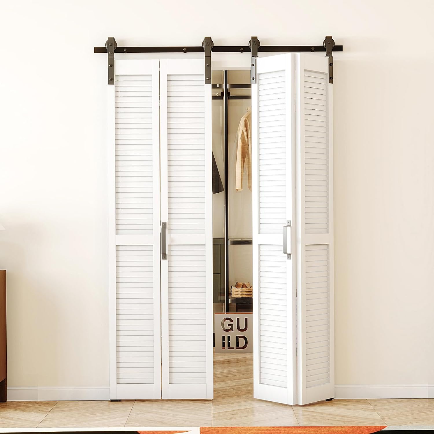Bi-Fold Sliding Barn Door,48”Double 24”×84” Louver Closet Door，Folding Doors with Hardware, 4.3FT Track for 4 Doors, Pre-Finished Door Slab，MDF, White