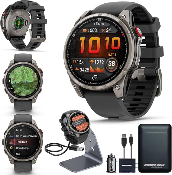 Garmin Fenix 8 Pro, 47mm, AMOLED Display, Premium Multisport GPS Smartwatch, inReach Technology for Emergency Survival, Health Tracking | Titanium/Graphite, Signature Series Power Bundle