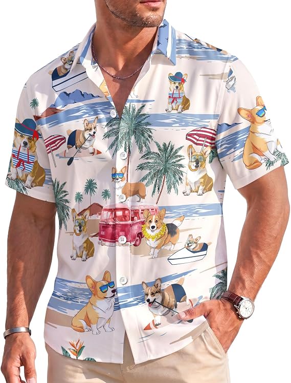 Dog Hawaiian Shirt for Men, Summer Vacation Dog Men's Button Shirt, Aloha Beach Casual Short Sleeve Shirt Unisex