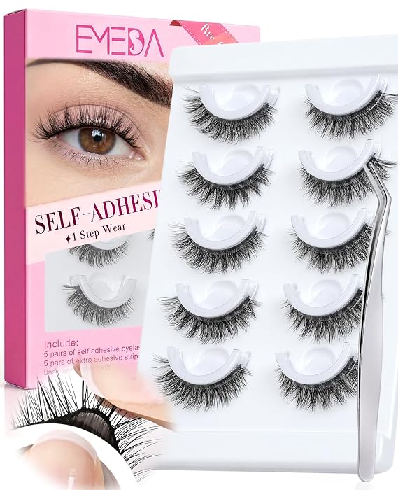 EMEDA Self Adhesive Eyelashes Preglued Glueless -Natural Look No Glue Eyelashes 14mm Natural Cat Eye Glueless No Glue Needed Reusable Stick on False Strip Lashes Easy for Beginner (879 with Tweezers)