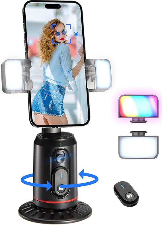 MQOUNY Auto Face Tracking Phone Holder, 360 Rotation Face Body Phone Tripod Smart Shooting Camera Mount with Rechargeable Remote and Light for Live Vlog Streaming Video, Rechargeable