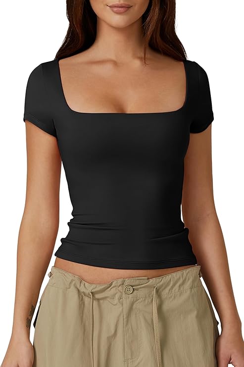 QINSEN Women's Square Neck Short Sleeve Double-Layer Tops Basic Slim Fit Going Out T Shirt