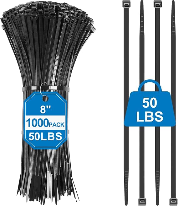 Zip Ties 8 Inch - 1000 Pcs Black Zip Ties 50lbs Tensile Strength