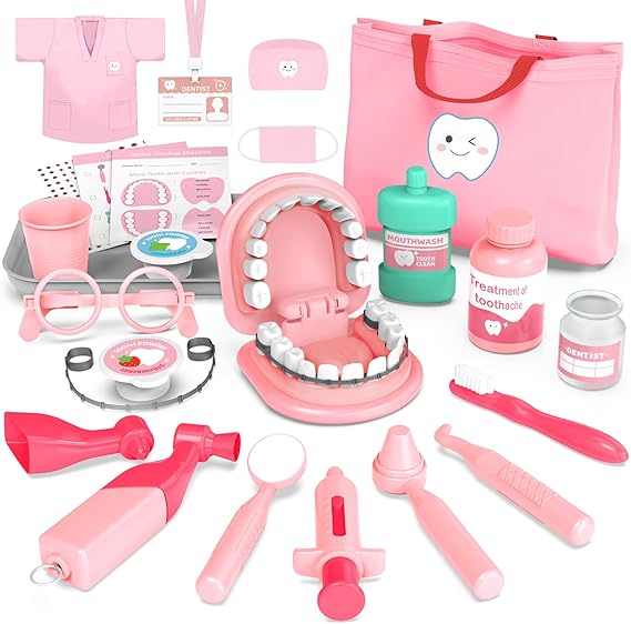 Dentist Toys for Kids Girls - Gifts for 3 4 Year Old Girls Dental Kit Toy | Doctor Role Play Set for Toddlers 3-5, Montessori Toys Playset Medical Kits for Boys Kids Birthday Present Pink