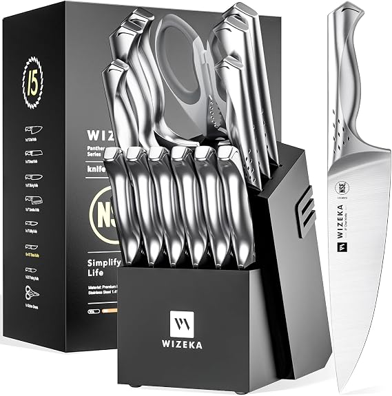 WIZEKA Knife Set with Block 15Pcs, High Carbon Stainless Steel, Razor-Sharp | One Piece Forged Ergonomical Silver handle, Premium German Steel, Ideal Gift with Elegent Box for Kitchen Chef, Jaguar Series