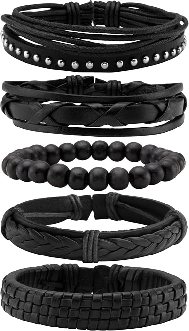 MILAKOO Braided Black Leather Bracelet for Men and Women Wooden Beads Bracelet Adjustable