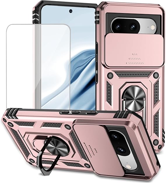 for Pixel 8 Case, Google 8 Case with Tempered Glass Screen Protector and Slide Camera Cover, Magnetic Ring Car Mount Holder Kickstand Protective Cases Cover for Google Pixel 8 Rose Gold