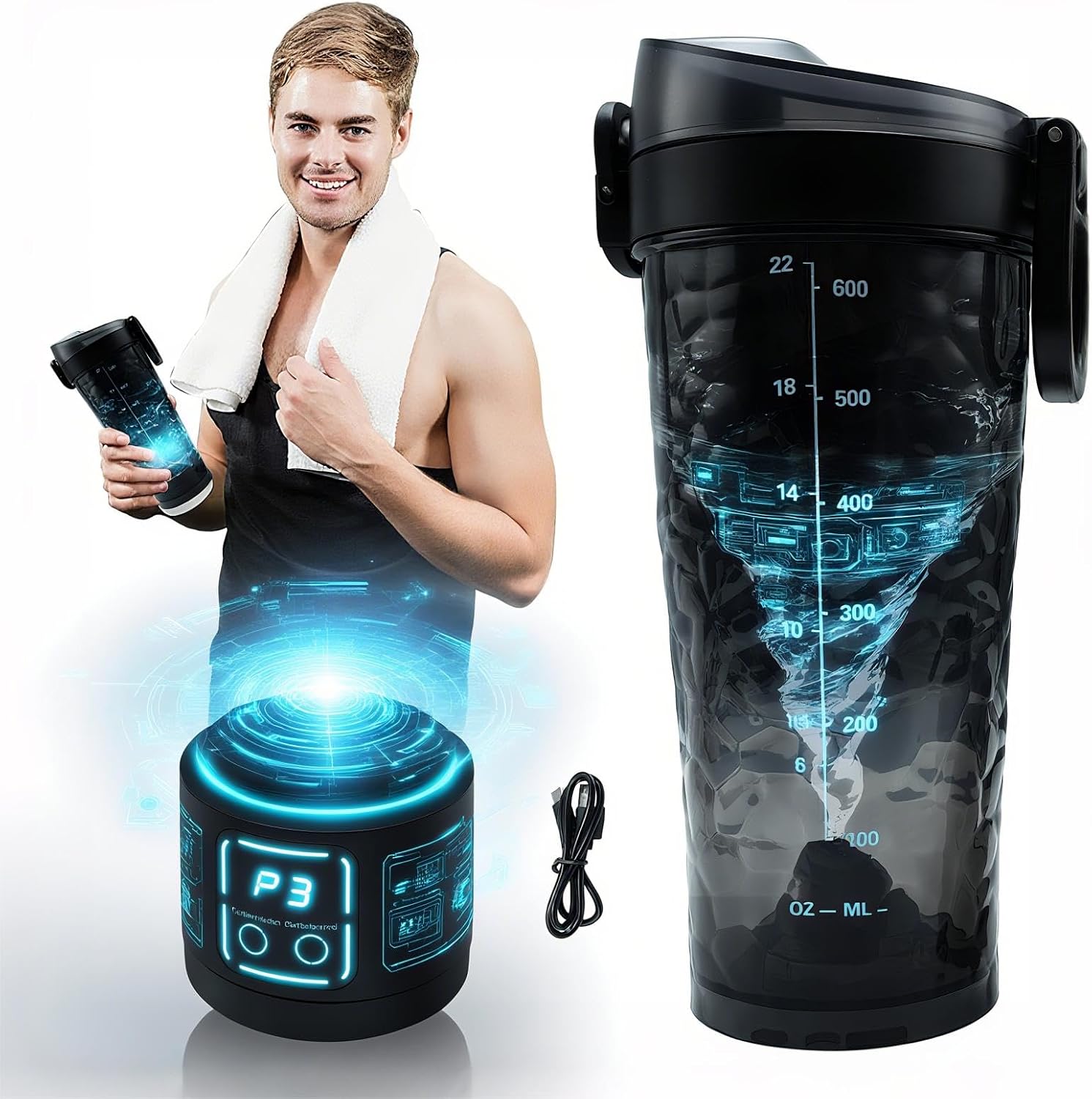 3 in 1 Electric Protein Shaker Bottle【15s Clump-Free Shakes】【USB Rechargeable】【Leakproof & Silent 】 for GymTravel, 700ml Smart Blender Black