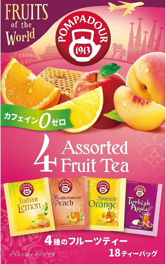 Pompadour 4-Assorted Fruit Tea 18 Bags Non-Caffeinated Assorted Pack Recommended for Gifts