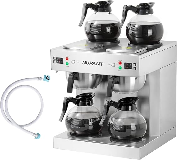 NUPANT Dual Drip Commercial Coffee Maker with Water Line 200 Cup/H 7.2L Auto-Filling Drip Coffee Maker Machine with 4 Carafes & 4 Warmers Stainless Steel Pour over Double Coffee Brewer for Restaurant
