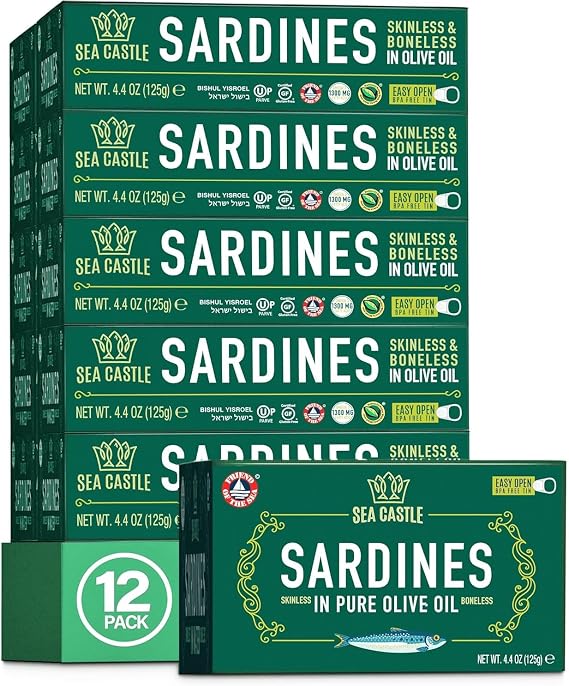 Sea Castle Skinless & Boneless Sardines in Pure Olive Oil 125g (Case of 12) | Rich in Omega 3, Easy Open BPA Free Tin, Kosher