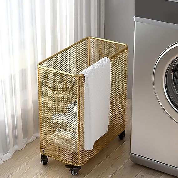 Gold Metal Basket with Wheels - Rolling Laundry Hamper Cart - Yoga Mat Storage Rack - Wire Basket with Wheels