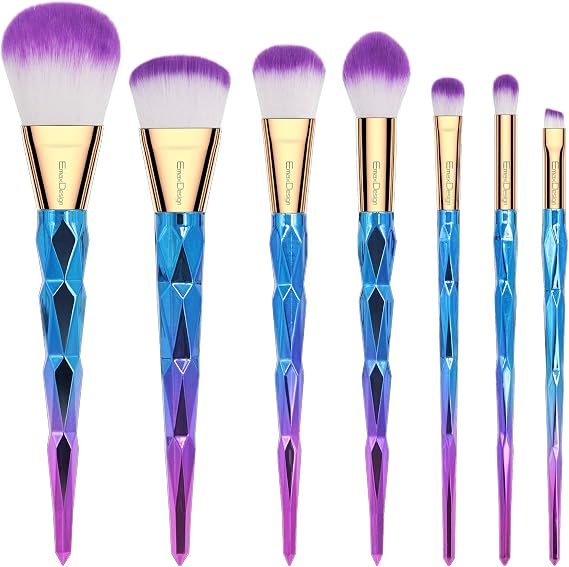 EmaxDesign Makeup Brushes 7 Pieces Colorful Diamond Patterned Shaped Handle Makeup Brush Set Professional Foundation Blending Blush Eye Face Liquid Powder Cream Cosmetics Brushes Kit