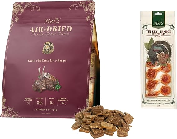 Herz Air-Dried Dog Food Bundle: Food Lamb & Duck Liver Recipe 1 lb + Turkey Tendons Chicken Rope (S) 3 oz | Grain-Free, High-Protein |