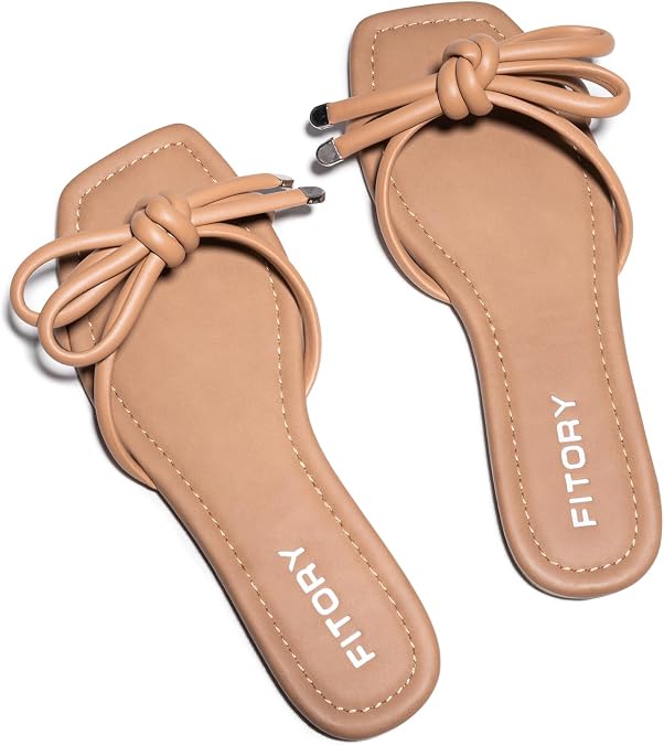 FITORY Women's Flat Sandals Square Open Toe Slide with Cute Knot for Summer