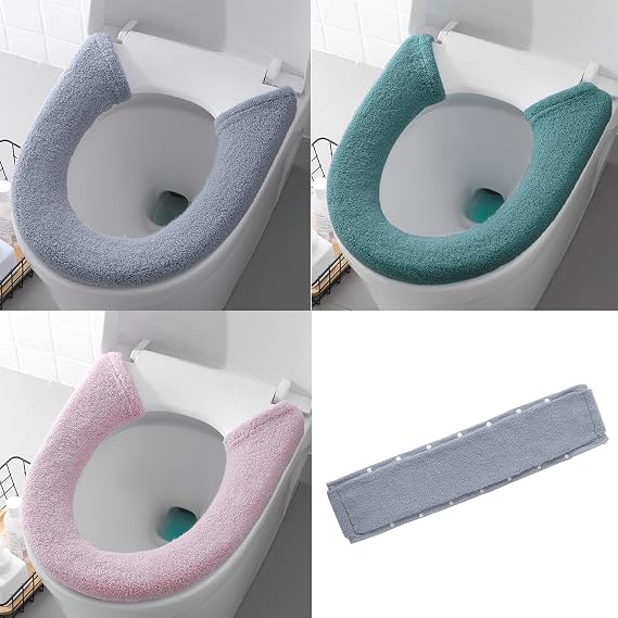 3 pcs Soft Thicker Toilet Seat Warmer Cover, Button Style 3 Color, Bathroom Washable Reusable Closestool Mat,Universal Toilet Seat Mat, Keep Warm