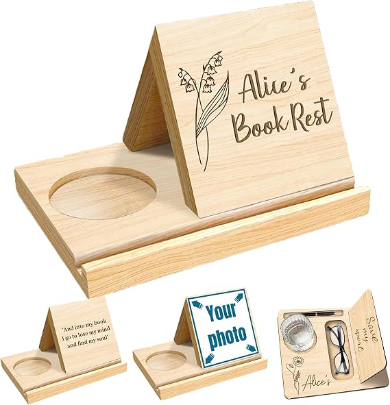 Personalized Birthflower Wooden Triangle Book Holder Stand Custom Desktop Book Stand for Page Rest Engraved Name Solid Oak Bookshelf with Cup Holder, Christmas Birthday Gift for Readers Teachers