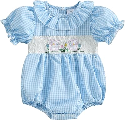 Gueuusu Newborn Baby Girl Easter Outfit Bunny Embroidery Smocked Bubble Romper Short Sleeve One Piece Bodysuit Infant Clothes