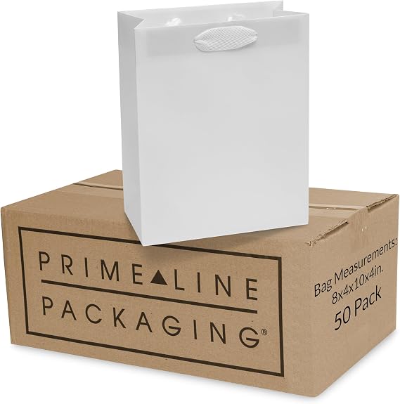 Prime Line Packaging Small White Gift Bags, 8x4x10, 50 Pack Shopping Bags