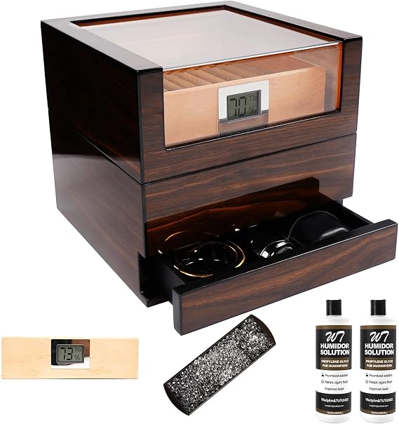 Humidor Cigar Box, Handcrafted Box Top 270" Elegant Glossy Spanish Cedar Humidors with Easy HumidificationSystem, Accurate Digital Hygrometer with 2 Humidor Solution by TUTUNES&Wudytim
