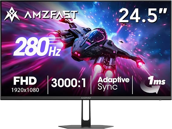 Amzfast 24.5 Inch 280Hz/240Hz Gaming Monitor FHD 1080p Monitor, 1ms Adaptive Sync, 3000:1, 126% sRGB, 93% DCI-P3, TUV Rheinland Eye Care, HDMI 2.0 x 2 & DP 1.4 x 2, AMZG25X1 Pro