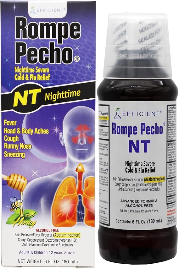 ROMPE PECHO Night Time (NT) Cold & Flu Relief, Herbal Liquid Medicine for Nighttime Use, with Honey and Eucalyptus, Alcohol-Free, 6 fl oz Bottle (Pack of 1)