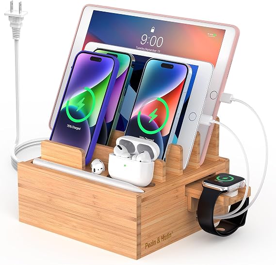 Pezin & Hulin Bamboo Charging Station for Multiple Devices with 5-Port HUB | Desktop Organizer, Wooden Docking Stations, All-in-1 Bamboo Dock Rack for Phones, Tablets, Watchwith 5 Cables