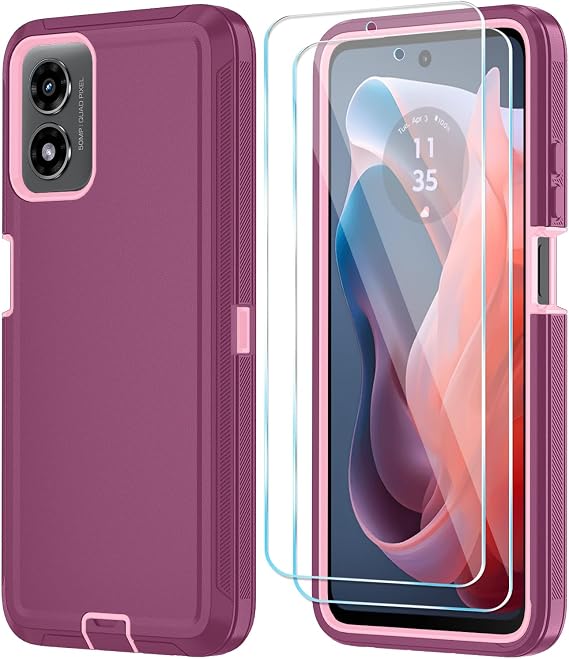 Qinmay for Motorola Moto G Play 2024 Case, 3-Layer Cover, WineRedPink