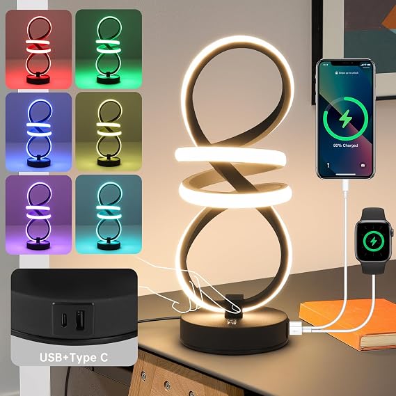 Modern LED Table Lamp, Spiral RGB Table Lamp, Touch Dimmable LED Nightstand Lamp with USB/Type C, 7 Colors & 10 Light Modes Bedside Lamp for Bedroom, Living Room, Office, Cool Lamps for Ideal Gift