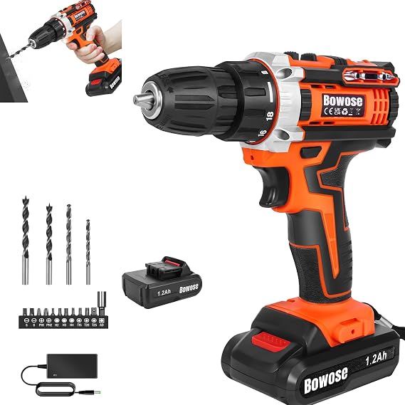 21V 3/8" Cordless Drill, Handhed Electric Drill, 18+1 Torque, 2-Speed LED, 45Nm, 16pc Accessory Kit, for DIY Project