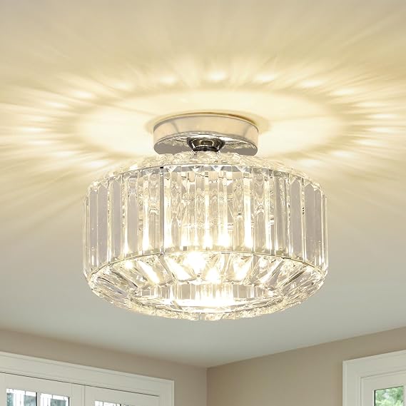 Rayofly Crystal Ceiling Lights Living Room, Modern Crystal Chandeliers Ceiling Light, Chrome Ceiling Light Fitting with Glass Lampshade Semi Flush Ceiling Lights for Bedroom, Kitchen, Hallway, Office [Energy Class D]
