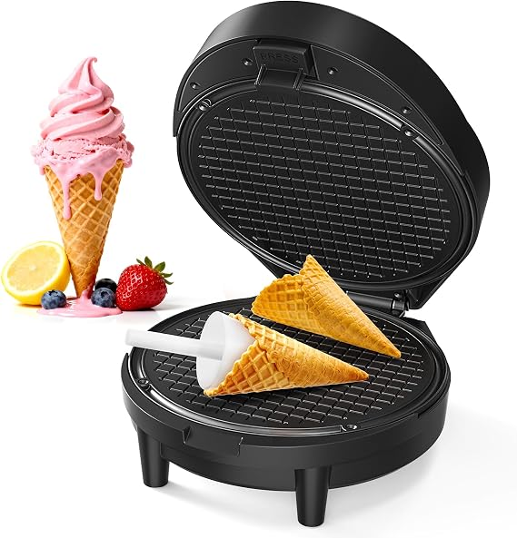 Waffle Cone Maker and Ice Cream Cone Maker with Cone Roller, 1000W Double Side Even Heating Thin Waffle Maker, Makes Crispy Waffle Cones, 7.5" Nonstick Plate Egg Roll Maker, Easy to Clean, Black