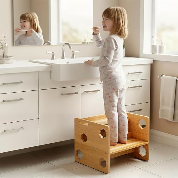 Kesswin Step Stool for Kids, Wooden Toddler Step Stool 300 lbs Capacity with Safety Non-Slip Pads and Handles, Height-Adjustable 2-Stepping Stool for Kitchen, Bathroom Sink, Bedroom