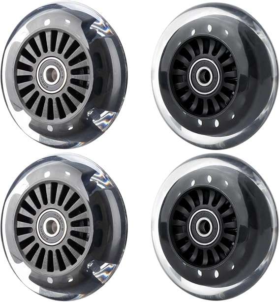 Wiggle Car Replacement Wheels Set Upgrade for Swing Cars and Wiggle Car Ride-on Toys (2 Light Up Flash Front Wheels w/Flat Hub, 2 Rear Wheels w/Concave Hub) (Black Hub Clear Wheel)