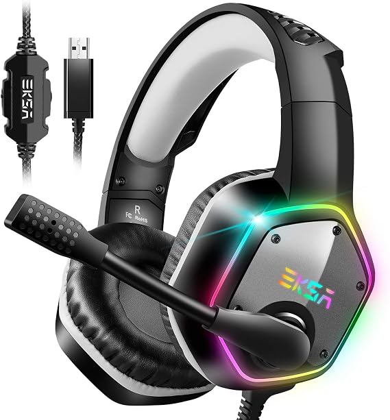 EKSA E1000 USB Gaming Headset for PC, Computer Headphones with Microphone/Mic Noise Cancelling, 7.1 Surround Sound, RGB Light - Wired Headphones for PS4, PS5 Console, Laptop, Call Center