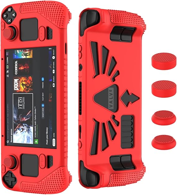 Steam Deck OLED & LCD Standing Protective Case, Thick Silicone Accessory Protector, Soft Cover Skin Shell, 2 Pairs of Thumb Grips, Full Protection for Valvestream Deck Red