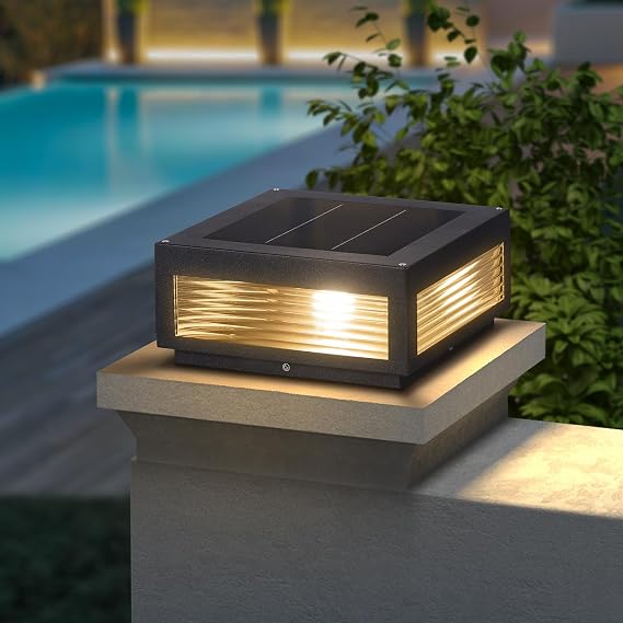 Solar Post Light,11.81''x11.81'' Waterproof Column Pillar Lights Dusk to Dawn Modern Lamp Posts 3000K LED E26 Bulb Decoration Lantern for Garden Fence Patio Driveway