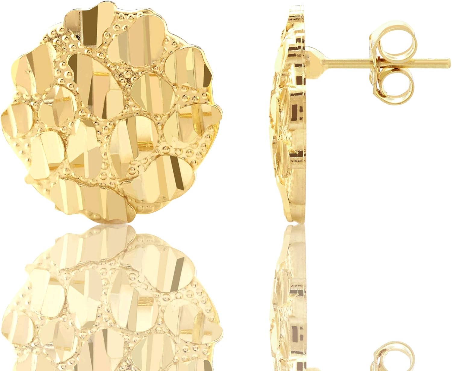 10K Yellow Gold Diamond Cut Round Nugget Earrings 0.60 Diameter