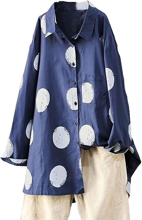Minibee Women's Button Down Tunic Tops Polka Blouse Cotton Shirt