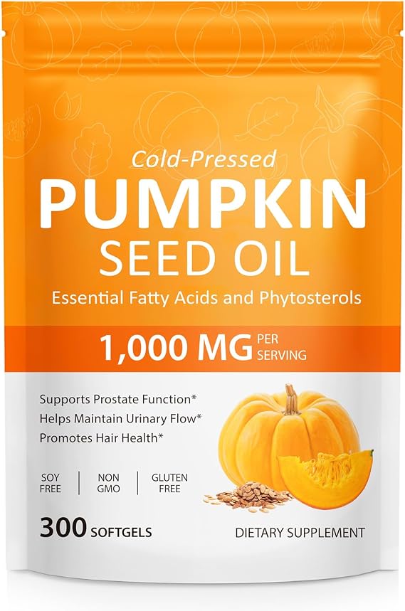 Pumpkin Seed Oil Capsules (1,000mg/serving), Cold-Pressed Pumpkin Seed Oil for Hair Growth, Prostate Health, Urinary Tract Support, 300 Softgels Supplement of Essential Fatty Acids & Zinc